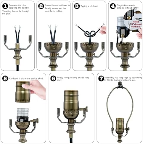 Lamp Rewire Kit - 3-Way Socket With Matching Cord and Harp Set for Table or Floor Lamp Repair, Essential Hardware for DIY Design (Antique Brass, 1)