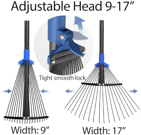 Adjustable Metal Leaf Rake Long Handle, Garden Rakes for Lawns Heavy Duty Leaves with Expandable Head 8-17", Yard Women Kids Rake for Gardening RV Camping