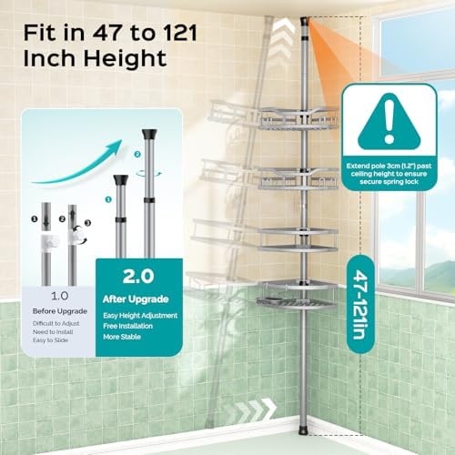 HAMITOR Corner Shower Caddy Tension Pole: Rustproof Stable 4-Tier Bathroom Organizer Shelves for Bathtub Shampoo Storage - 47-121 Inch Quick Install Adjustable Shelf with Soap Rack - Silver Gray