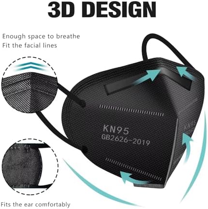 LEMENT 50pcs KN95 Face Mask Black 5-Layer Filter≥95% Cup Dust Safety Masks