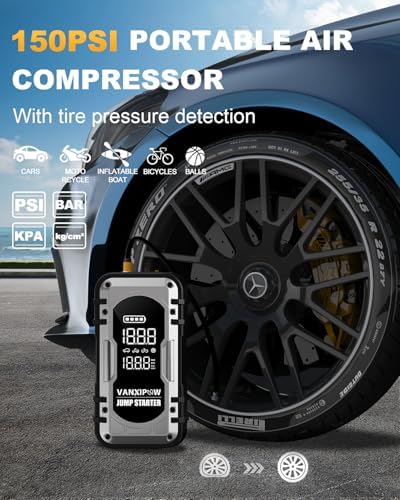 8000A Portable Car Battery Jump Starter with Air Compressor, 150PSI (9.0 L Gas/8.0L Diesel), 12V Jump Box Car Battery with 600 Lm LED Light, with Large LED Display, Power Bank