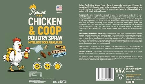 Reliant Pet Chicken and Coop Poultry Spray for Mite's Lice Ticks Fleas and Flies - Dust Mite Spray 16oz - Chicken Coop Fly Spray - Made in USA - Chicken Coop Accessories