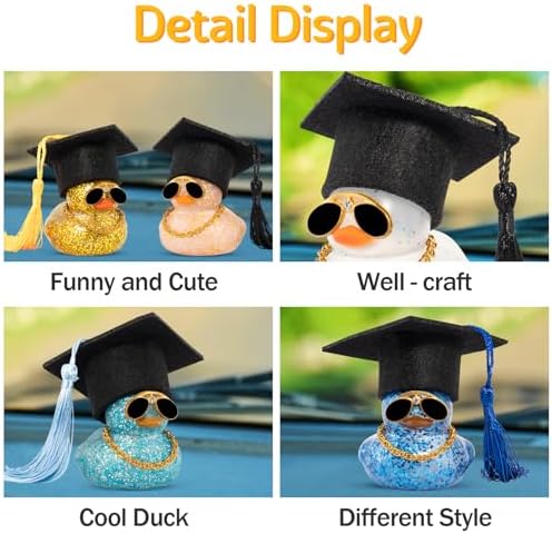 wonuu Car Dashboard Decor Graduation Hat Color Rubber Duck, Car Ducks Ornaments with Mini Graduation Hat Necklace Sunglasses (Gold)