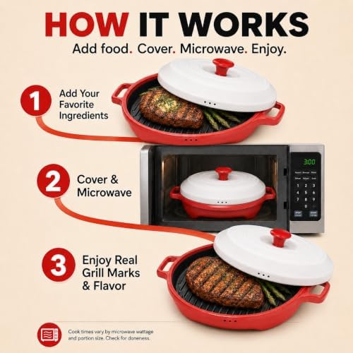 Turbo Grill Deluxe - Microwave Grill Pan with Lid, Nonstick, Ceramic Nonstick Grill Pan with Vented Lid, Grills, Sears & Crisps Bacon, Burgers, Steak & Veggies Fast + Bonus Recipe Guide