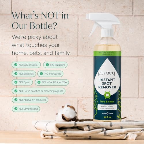 Puracy Laundry Stain Remover for Clothes Laundry - Carpet Stain Remover Carpet Spot Cleaner Couch Stain Remover - Clothes Spray, Free & Clear - Instant Spot Remover, 48 Fl Oz (Pack of 1)