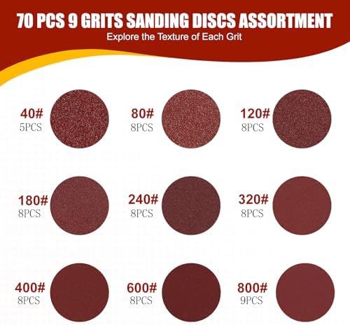 YNZDRWA 70 PCS 5 Inch 8-Hole Sanding Discs, 9 Mixed Grits