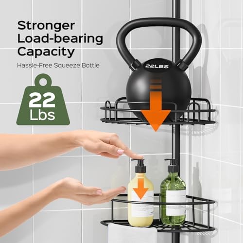 HAMITOR Corner Shower Caddy Tension Pole: No-Drill Rustproof Bathroom Shelf