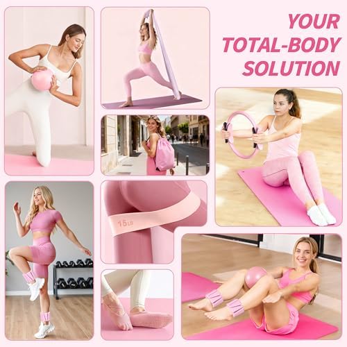 NANATI Pilates Kit, Home Pilates Workout Kit for Women, Pilates Equipment with 14.5"" Pilates Ring and Ball, Resistance Bands, Ankle Weights, Sliders & Grip Socks for Home Workouts