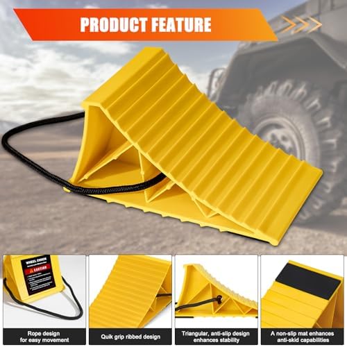 Wheel Chocks for RV Trailer, 4 Pack Non Slip Wheel Chocks for Travel Trailers with Rope for Easy Removal, Lightweight Plastic Wheel Stoppers Block for Camper Cars Trucks