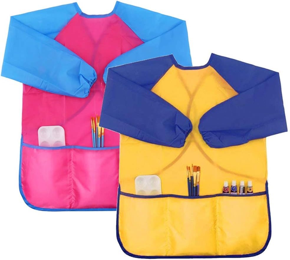 Zkptops 2 Pack Kids Art Smock Colorful Waterproof Children Art Aprons Artist Painting Aprons with Long Sleeve 3 Roomy Pockets for Age 3-7 Years,Yellow and Blue