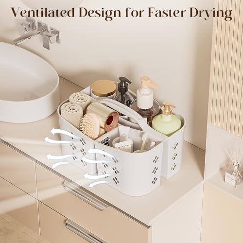 Portable Shower Caddy with Handle, Large Capacity Shower Basket Organizer, Quick-Drain Bathroom Storage Tote, Durable Plastic Shower Organizer for College Dorm, Beach, Gym, Travel Essentials, White