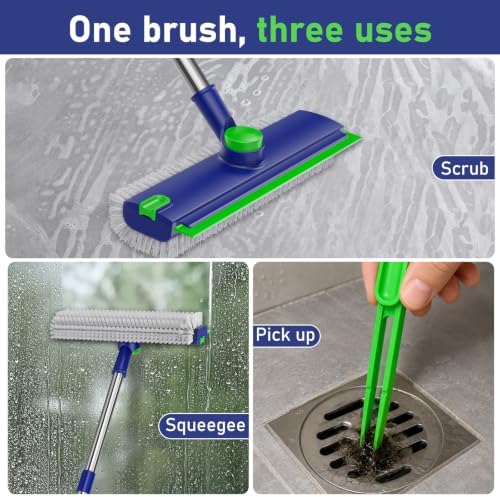 Floor Scrub Brush with Long Handle & Squeegee for Bathroom