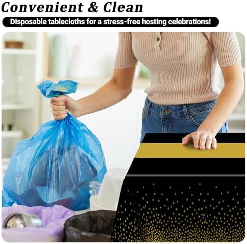 4Pack Black and Gold Tablecloths for Events, 54" x 108" Plastic Table Cloth Disposable for Rectangle Tables, Waterproof Table Cloth Cover for New Years Eve Decorations Holiday Birthday Wedding Dining