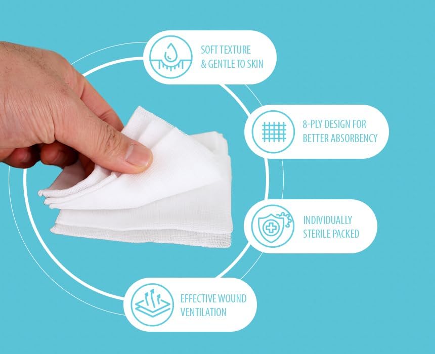 Sterile Gauze Pads 3x3 Inch (100 Count), 8-Ply Dense Woven Cotton, 32.3 g/m², Highly Absorbent, Latex-Free Wound Dressing for Cuts, Wound Care & First Aid, 20 Sterile Pouches of 5 – SOOSUNG