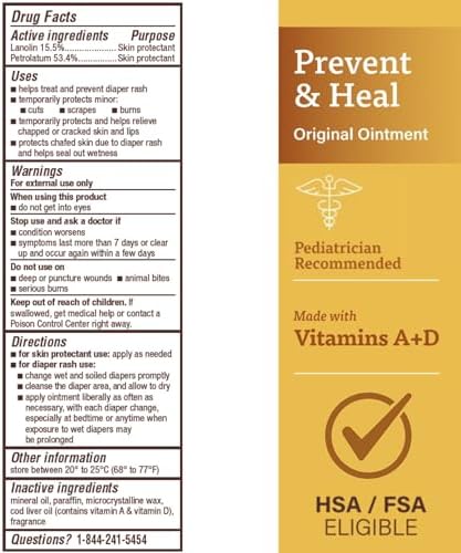 A+D Original Diaper Rash Ointment Prevents & Treats Diaper Rash, Moisturizing Skin Protectant with Vitamins A & D, Healing Skin Ointment for Dry and Cracked Skin 4oz