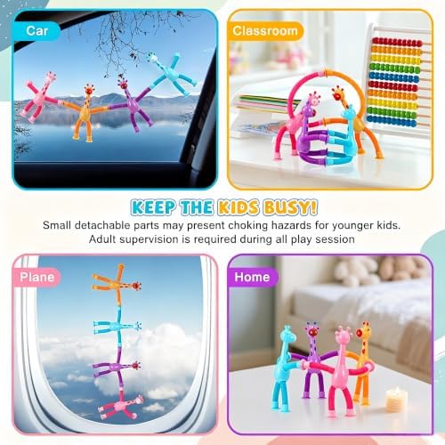 XONTEUS 4 Pcs Pop Tubes Giraffe Travel Airplane Road Trip Car Activities Essential,Telescopic Suction Cup Sensory Toys,Screen-Free Activity for Toddler,Stocking Stuffers for Kids