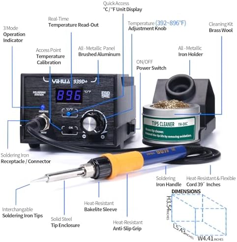 YIHUA 939D+ Digital Soldering Station, 75W Equivalent with Precision Heat Control (392°F to 896°F) and Built-in Transformer. ESD Safe, Lead Free with °C/°F display (Black)
