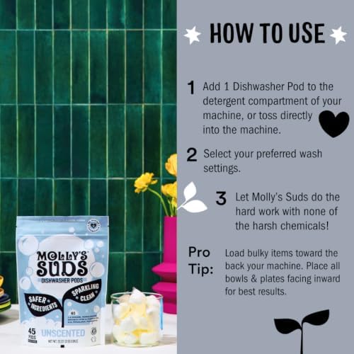 Molly's Suds Dishwasher Pods | Clean Dishwasher Detergent, Cuts Grease & Rinses Clean (Residue-Free) for Sparkling Dishes | 60 Auto-Release Tabs (Unscented)