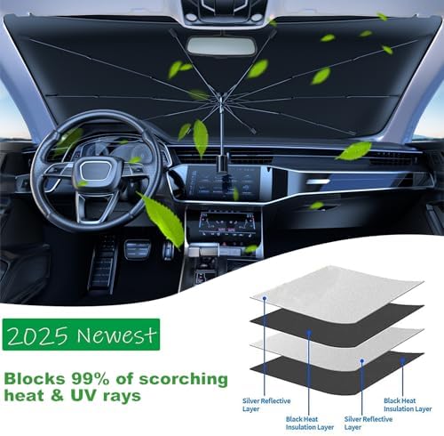 Windshield Sun Shade 2025 Car Accessories 100% Blackout Car Front Windsow Shades Umbrella Automotive Sun Visor Block Heat Insulation Protection (Black Eyes)