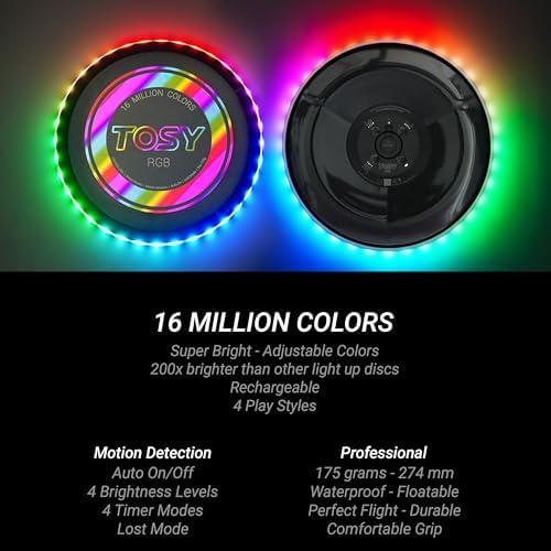 TOSY Flying Disc - 16 Million Colors RGB or 36 LEDs, Extremely Bright, Smart Modes, Camping Essentials for Teens/Kids/Adults/Men/Boys/Girls, Auto Light Up, Rechargeable, Waterproof, 175g