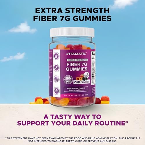 Vitamatic Prebiotic Fiber Gummies for Adults, 7G Extra Strength, Zero Sugar Added, 240 Pectin Based Gummies, Digestive Health & Regularity Support