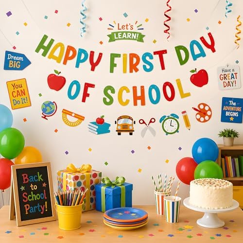 Back to School Decorations - Happy First Day of School Banner Sign Decor for Indoor Outdoor | Back To School Garland Backdrop - Hanging Classroom Decor Party Favors Supplies
