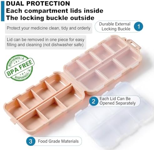 LANDNEOO 14 Grids Pill Organizer Box with Labels, Travel Medication Holder Dispenser Case Kit, Pocket Daily Pharmacy Container for Fish Oil Vitamin Supplement Storage, Khaki Pink Grey, 3 Pack