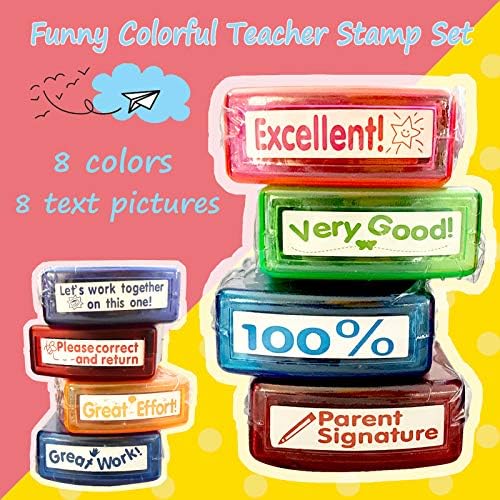 Teacher Stamps for Grading Classroom,Parent Signature Teacher Self-Inking Stamp Set for Homework Teacher Supplies with 8 pcs