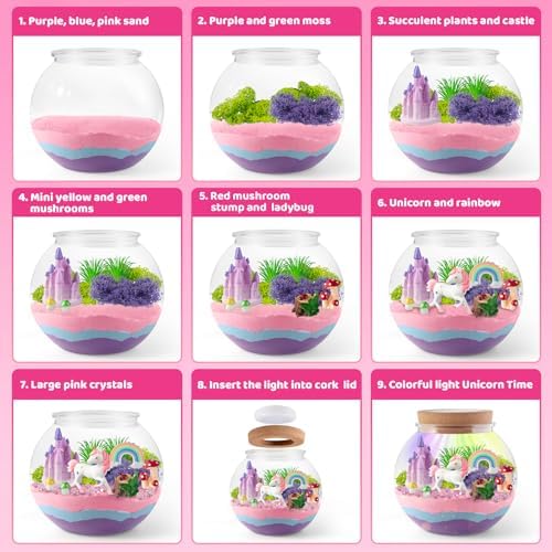JOYEEMAX Unicorn Light-Up Terrarium Kit for Kids - LED Night Light Birthday Gift for Girls Ages 4 5 6 7 8-12 Year Old - Unicorn Toys for Girls - DIY Arts and Crafts Kit for Kids