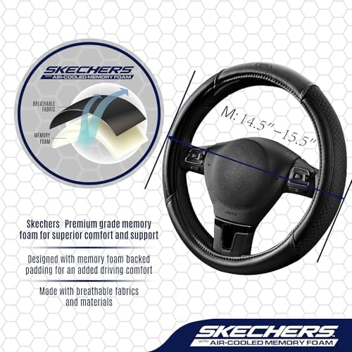 Skechers Air-Cooled Steering Wheel Cover,Leather Car Steering Wheel Cover Universal Fit 14" 1/2-15" Car Wheel Protector for Men Women Fit Suvs,Vans,Sedans,Car,Trucks,Black