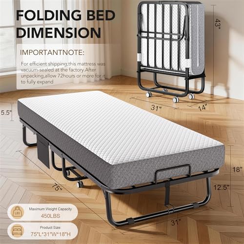 Decofy Folding Bed with Memory Foam Mattress Portable Rollaway Guest Beds on Wheels, 75"x31" Twin Size Space-Saving Cot-Size Bed for Adults with Easy Assembly Metal Frame (White)