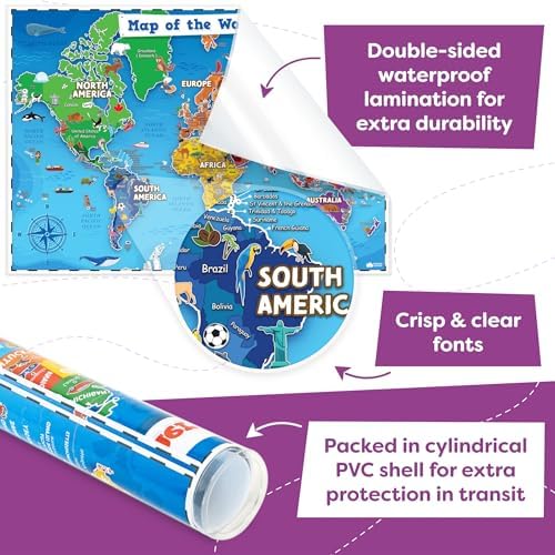 United States and World Map For Kids Classroom Posters 2pc Set - 24” x 16” Waterproof US and World Map for Classroom Decor Posters - Teacher Classroom Must Haves - Homeschool Back to School Supplies