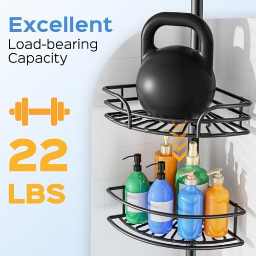HAMITOR Corner Shower Caddy Tension Pole, Adjustable No-Drill Widen Shelves
