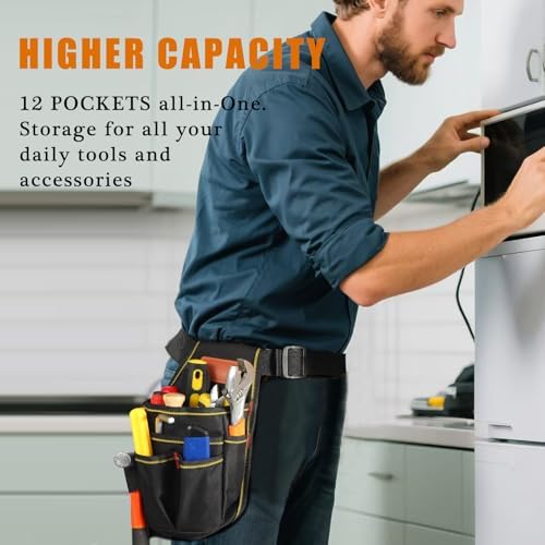 Small Tool Pouch, Small Tool Bag, Tool Pouch with Belt, Industrial Grade Thickened Wear-Resistant Oxford Cloth, 12 Storage Ports, 10.2" x 5.5", Ideal for Electricians, Mechanics, Carpenters and More