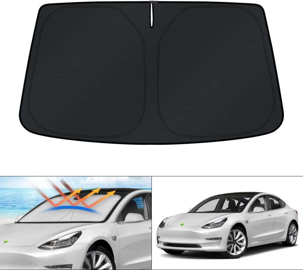 KUST Windshield Sun Shade for 2017-2026 Tesla Model Y/Model 3 Sunshade Accessories (Fit 2025-2026 Model Y Juniper / 2024 Model 3 Highland) Upgraded Foldable Sunshade, Blocks UV Rays Keep Car Cool