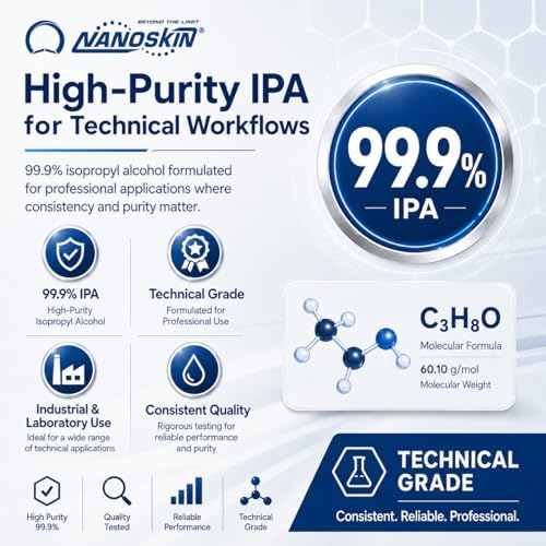 Nanoskin 99.9% Isopropyl Alcohol (IPA) – High-Purity Technical Grade Alcohol for Industrial & Laboratory Use, Fast Evaporating, Low-Residue Formula – 13.5 fl oz (400 mL), Single Pack