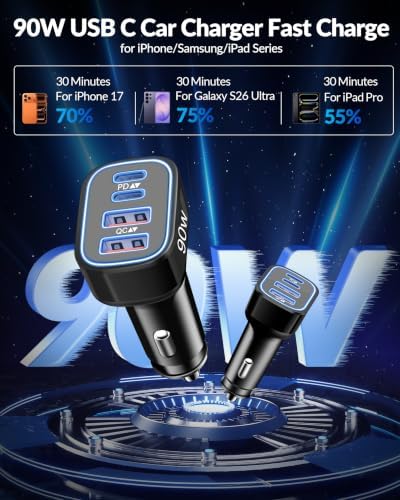USB C Car Charger, 4-Port 90W Type C Super Fast Cigarette Lighter Adapter