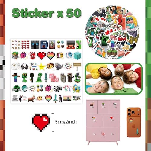 120 PCS Party Favors for Pixel Theme Birthday Party Supplies, Goodie Bag Stuffers Favors includes 50 Stickers, 12 Gift Bags,12 Wristbands,12 Keychains,10 Sword Foil Balloons,12 masks,12 Mini Notepads.