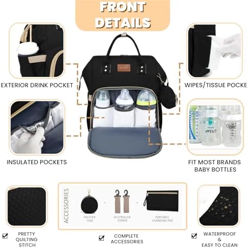 ROSEGIN Diaper Bag Backpack with Changing Pad Pacifier Case, Baby Bag for Boy Girl Toddler - Large,Stylish, Waterproof Travel Quilted Diaper Bag for Mom - Baby Shower Gifts, Black
