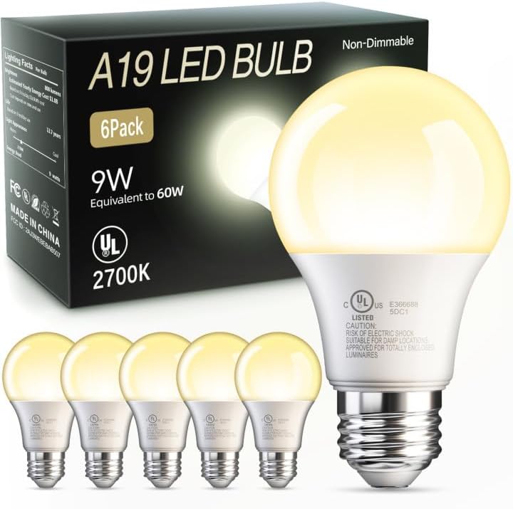 TJOY 6 Pack A19 LED Light Bulbs, Soft Warm White 2700K, 60 Watt Eq,E26 Base