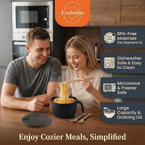 Large Ramen Bowl,Microwave Ramen Cooker,Microwave Pasta Cooker 48oz,College Dorm Room Essentials for Girls for Boys, Apartment Essentials, BPA-Free. (black)