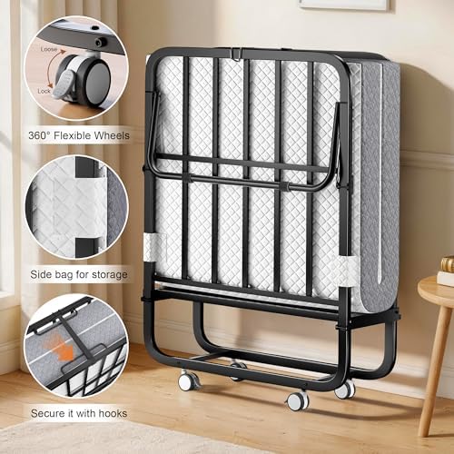 Decofy Folding Bed with Memory Foam Mattress Portable Rollaway Guest Beds on Wheels, 75"x31" Twin Size Space-Saving Cot-Size Bed for Adults with Easy Assembly Metal Frame (White)