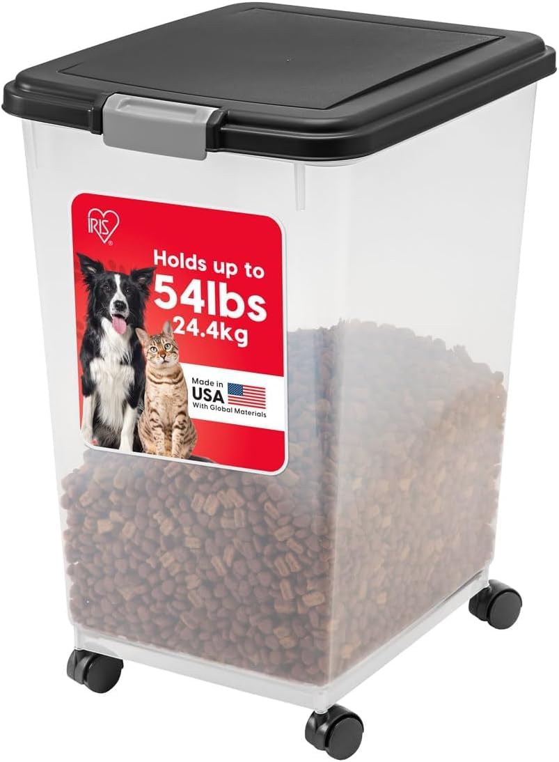IRIS USA Airtight Pet Food Storage Rolling Container, 30 lb Capacity, Black | Airtight seal keeps kibble, bird seed, and pet food fresh while wheels provide easy mobility around the home.