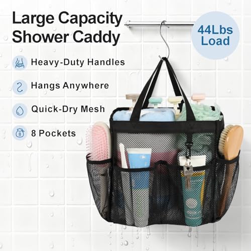 Mesh Shower Caddy Portable - 8 Pockets, S-Hook, Shower Bag for Dorm Camping