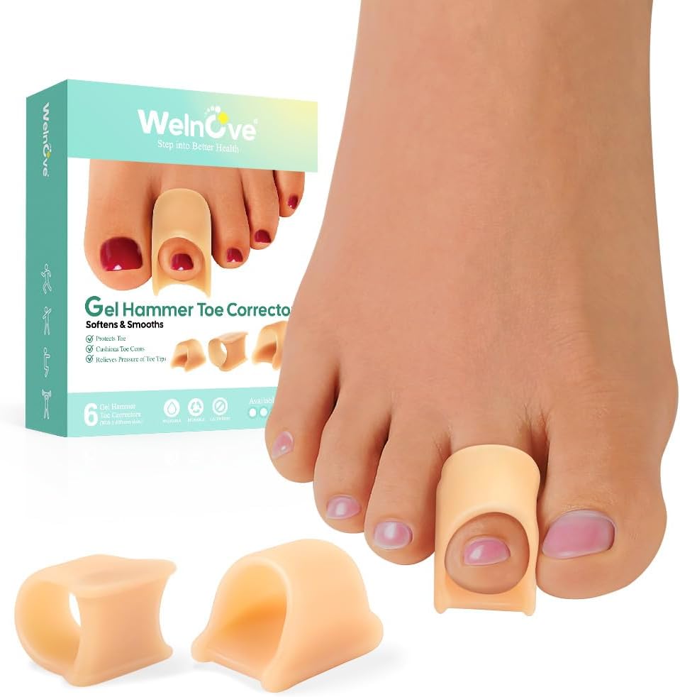 Welnove Hammertoe Corrector - 6 Pack Toe Splints - Soft Gel Toe Straighteners - Realign Bent, Curled, Crooked, Claw, Hammer Toes - Toe Corrector for Men and Women, 3 Different Sizes (Beige)