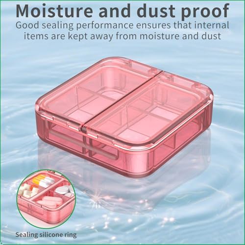 Small Pill Box,4 Compartments Travel Pill Case, Portable Pill Organizer,Mini Pill Container for Pocket,Daily Compact Travel Medicine Holder for Vitamins Fish Oil and Supplement Storage(Pink+Purple)
