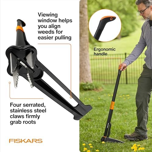 Fiskars Deluxe Stand-Up Weed Puller Tool, 4 Serrated Stainless Steel Claws