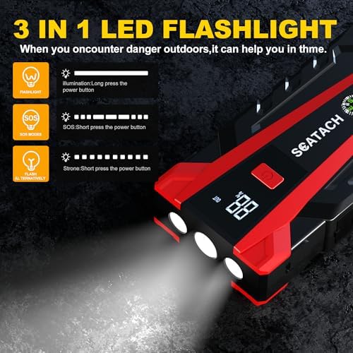 Scatach 3000A Car Battery Jump Starter,12V Jump Starter Battery Pack Portable (up to 9.0L Gasoline and 7.0L Diesel Engine), Jump Box with 3 Modes Flashlight and Jumper Cables