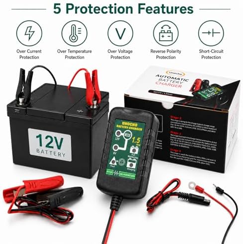 Unocho 6V/12V Battery Charger Maintainer 1.5A Automatic Trickle Charger Smart Float Charger for Car Motorcycle Lawn Mower Boat ATV Snowmobile Lead-Acid AGM GEL SLA VRLA WET Batteries