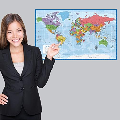 Laminated World Map Poster - Wall Chart Map of Earth - 18" x 29" (Blue)